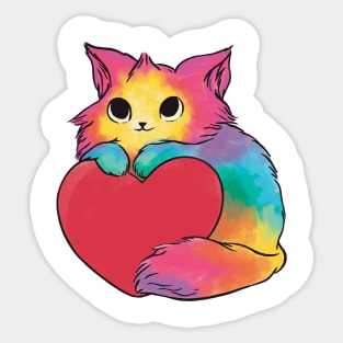 cat in watercolor rainbow colors holding a heart Sticker